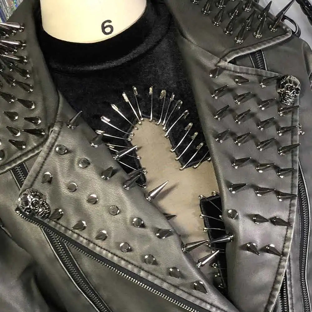 Women's Y2K Goth Black PU Leather Jacket with Spikes  Studded Gothic Emo Spiked Clothing Punk Rock Grunge Rave Festival Coat