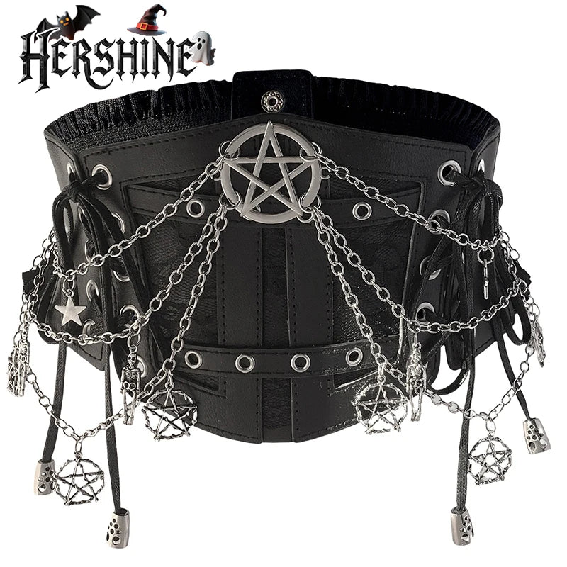HERSHINE Women's Black Fashion Star Chain Elastic Wide Waist Belt, Y2K Gothic Punk Harajuku Rock Hip Hop Accessory，spring，summer