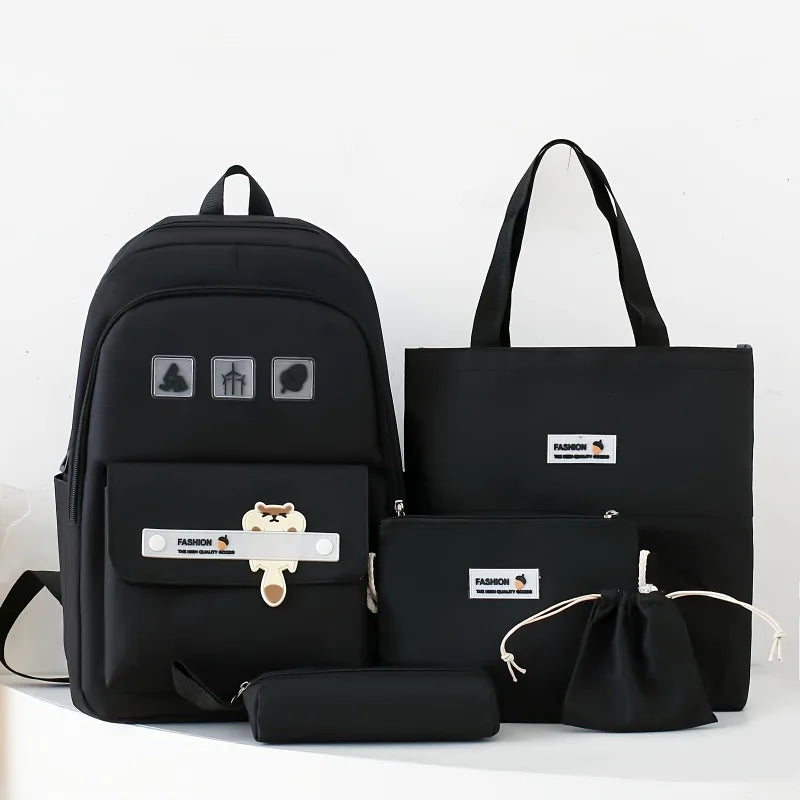 Simple Versatile Solid Color Women's Student Backpack Large Capacity Casual Canvas 5pcs Set Backpacks