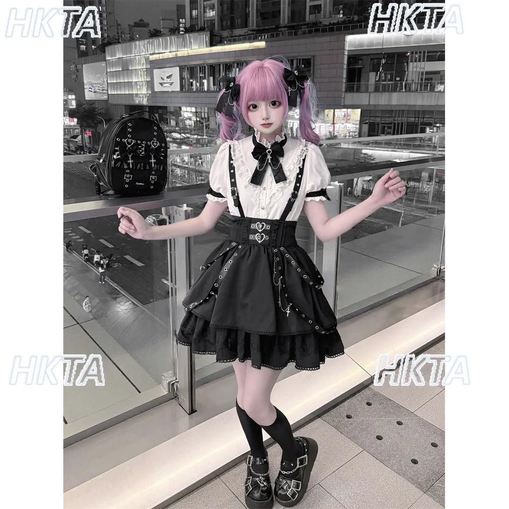 Dark Y2K Punk Autumn New Lolita Riveted Pleated Bow Backpacks Ladies Subculture Goth High Street Personality Bag Black Bag Women