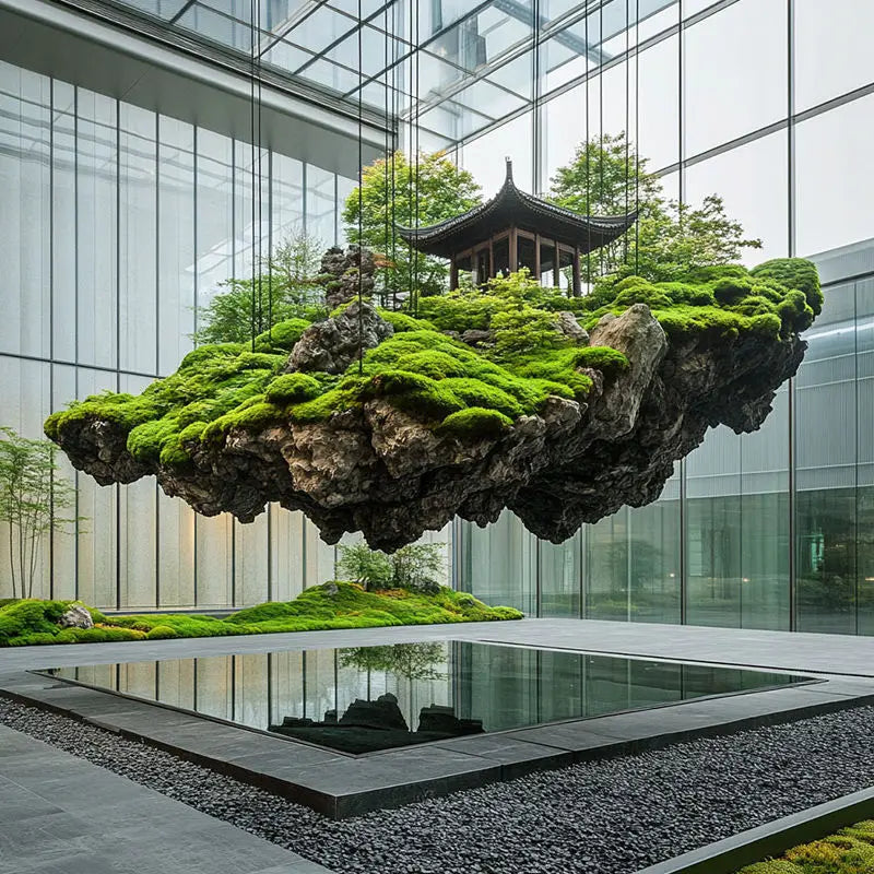 Dream floating island landscape simulation green plant rockery stone hanging moss plant landscaping commercial window creative
