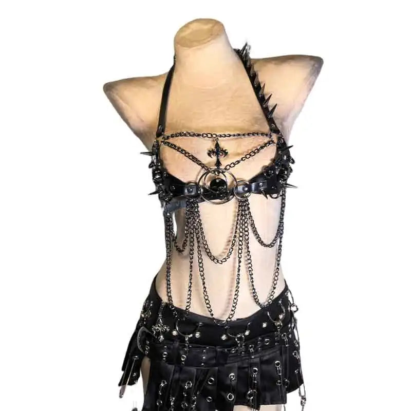 Gothic Emo Punk Woman Top with Spikes Alternative Grunge PU Leather Tank Y2K ALT Harnesses Gothic Clothes for Women 90s Party