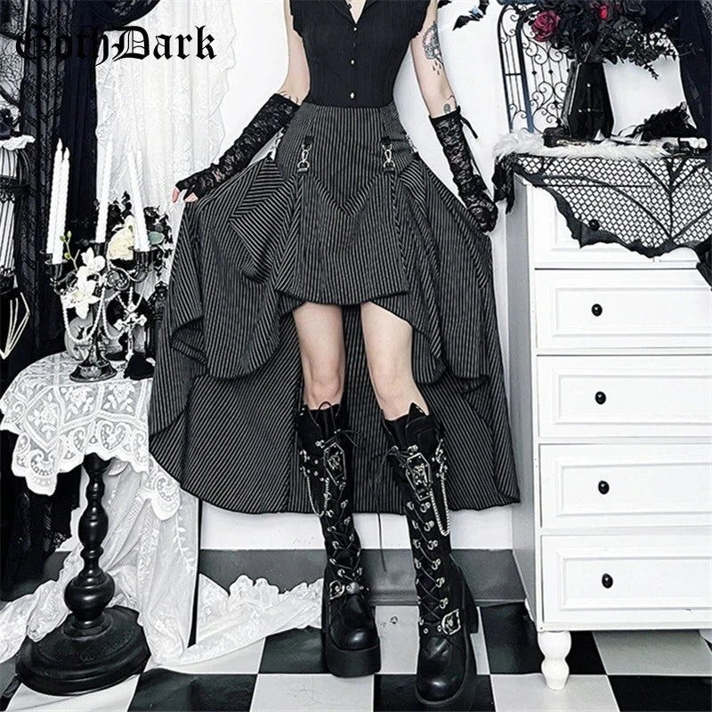 Goth Dark Women Fashion Striped Zipper Skirts Alt Streetwear Cyber Y2K Bottoms Mall Gothic Big Swing Skirt Casual Holiday Outfit