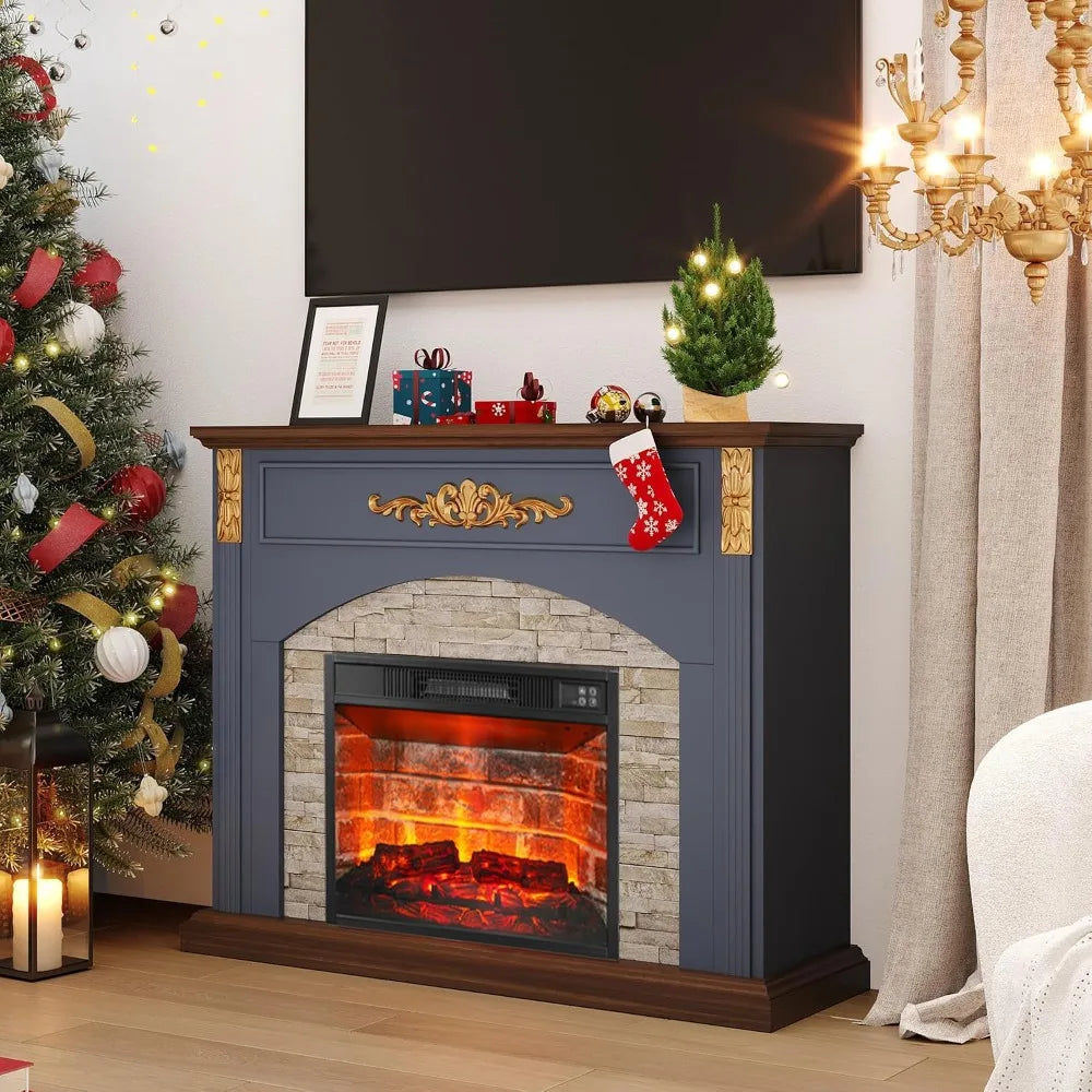 44in Electric Fireplace with Mantel, Stacked Stone, Gold Carvings, 23in Red Brick Insert, Blue