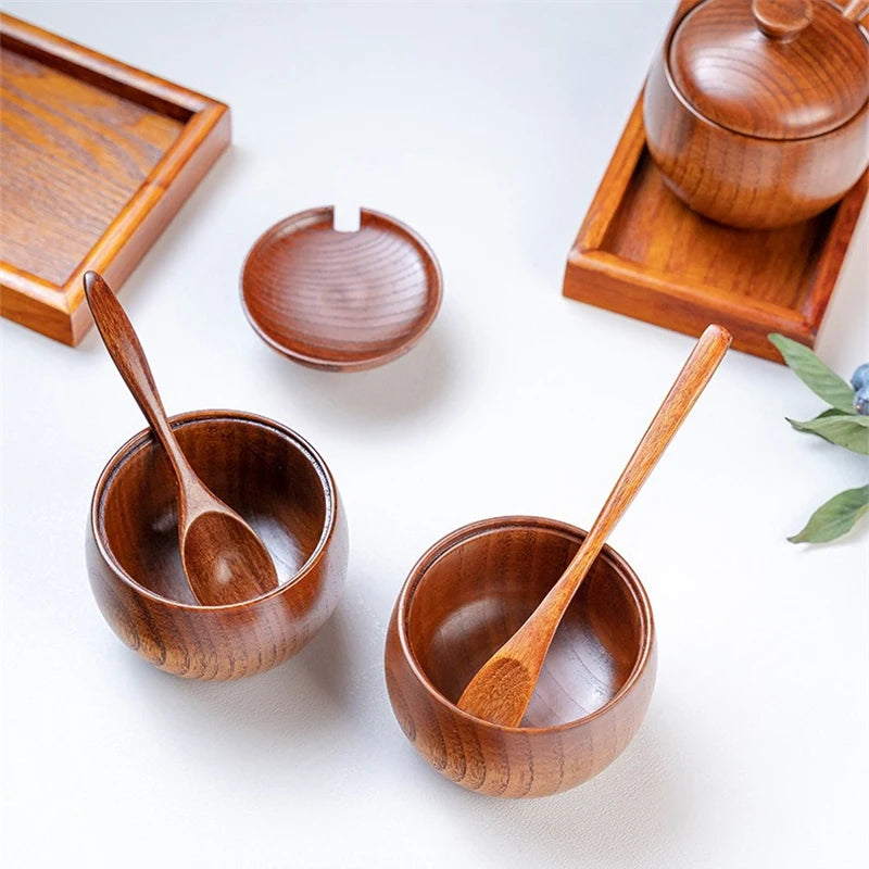 Wooden Seasoning Jar Creative Kitchen Retro Salt Sugar Pot Seasoning Storage Jar With Lid Spoon Wooden Tray Storage Containers