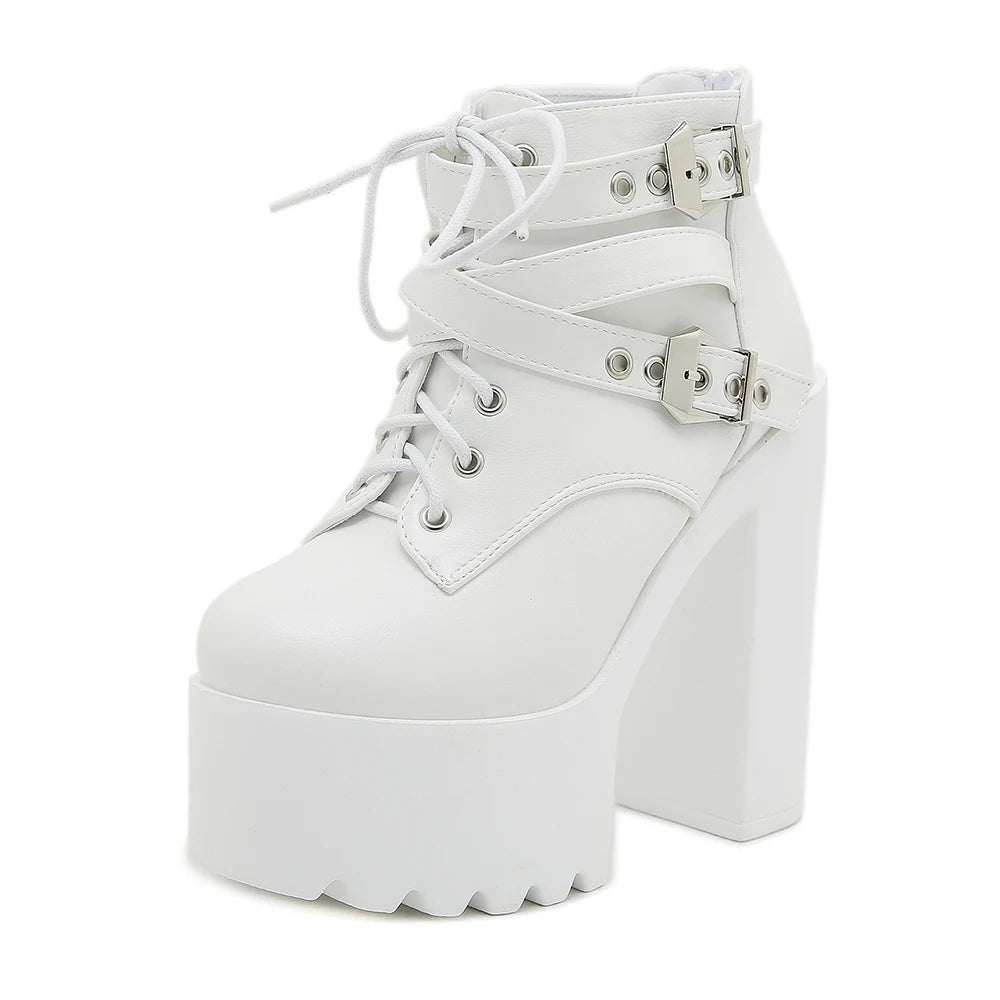 Gdgydh Women's Solid Color Block Heeled Boots Buckle Strap Fashion Goth Lace Up Dress Boots for Party Back Zipper Ankle Boots