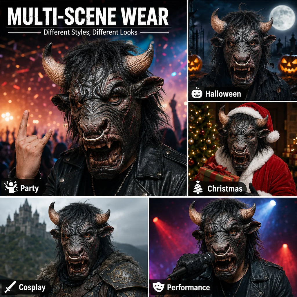 Scary Bull Mask with Horns Nose Ring Fangs Black Hair for Halloween Costume Cosplay Party Animal Headgear