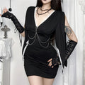 Goth Dark Harajuku Fashion Lace Splice V-neck Bodycon Dresses Mall Gothic Corss Chain Decor Mini Dress Alt Aesthetics Partywear