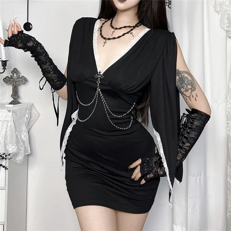 Goth Dark Harajuku Fashion Lace Splice V-neck Bodycon Dresses Mall Gothic Corss Chain Decor Mini Dress Alt Aesthetics Partywear