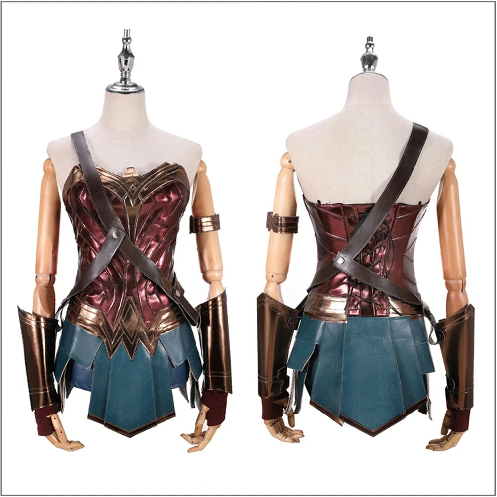 Anime Wonder Cosplay Women Dress for Diana Cosplay Costume One Set Women Brown Top Faux Leather Corset PU Leather Battle Suit
