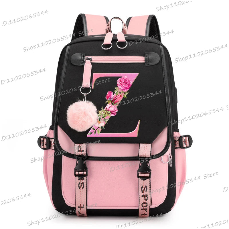 Teenage Black Pink Backpacks 26 Initials Flower A-Z Alphabet Large Capacity Harajuku Fashion  Zipper Aesthetic Students Bookbag