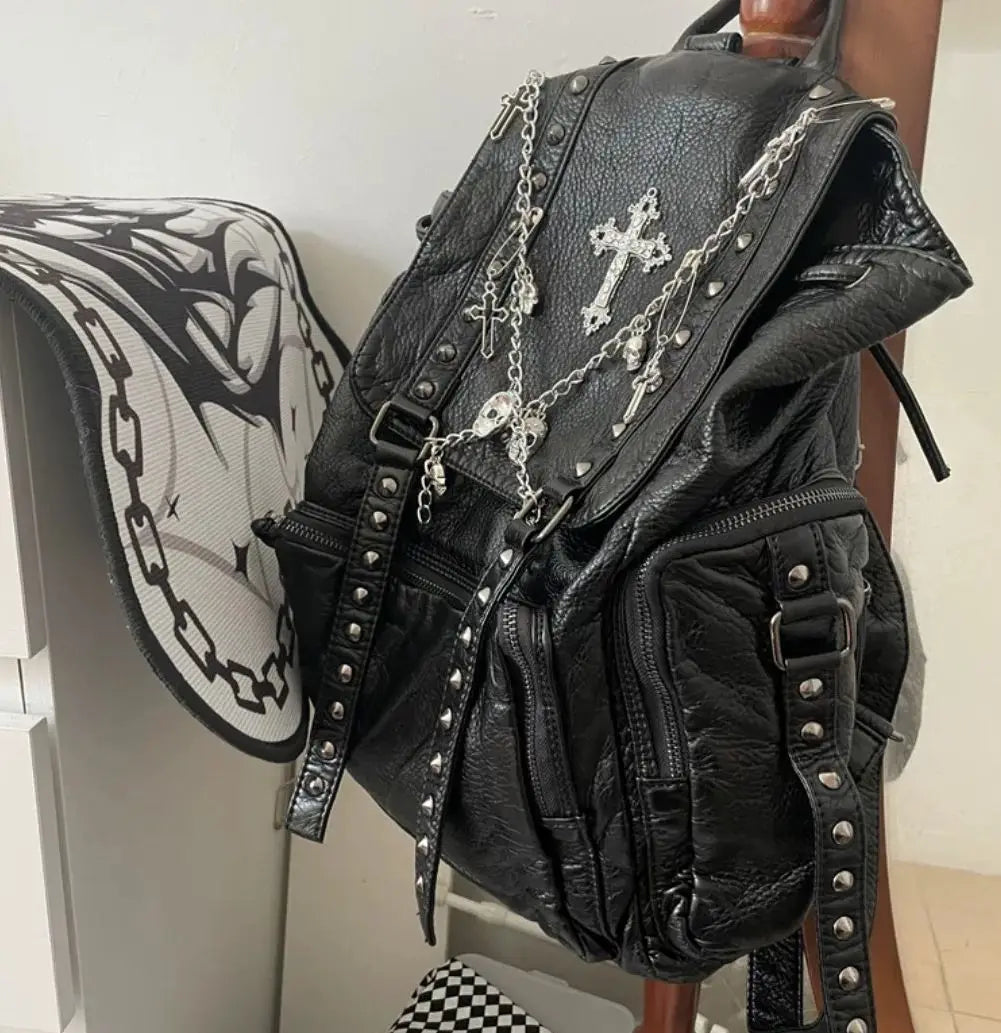 Grunge Rivet Black Y2k Backpack Women Gothic Subculture Punk Cross Black Mochila Ladies Vintage Harajuku Backpacks Aesthetic