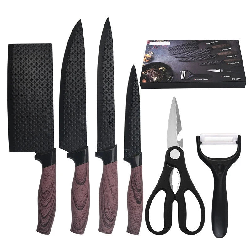 Professional 6-piece kitchen knife set hammer-textured sharp cutting blade meat and salmon slicing knife, kitchen cooking knives