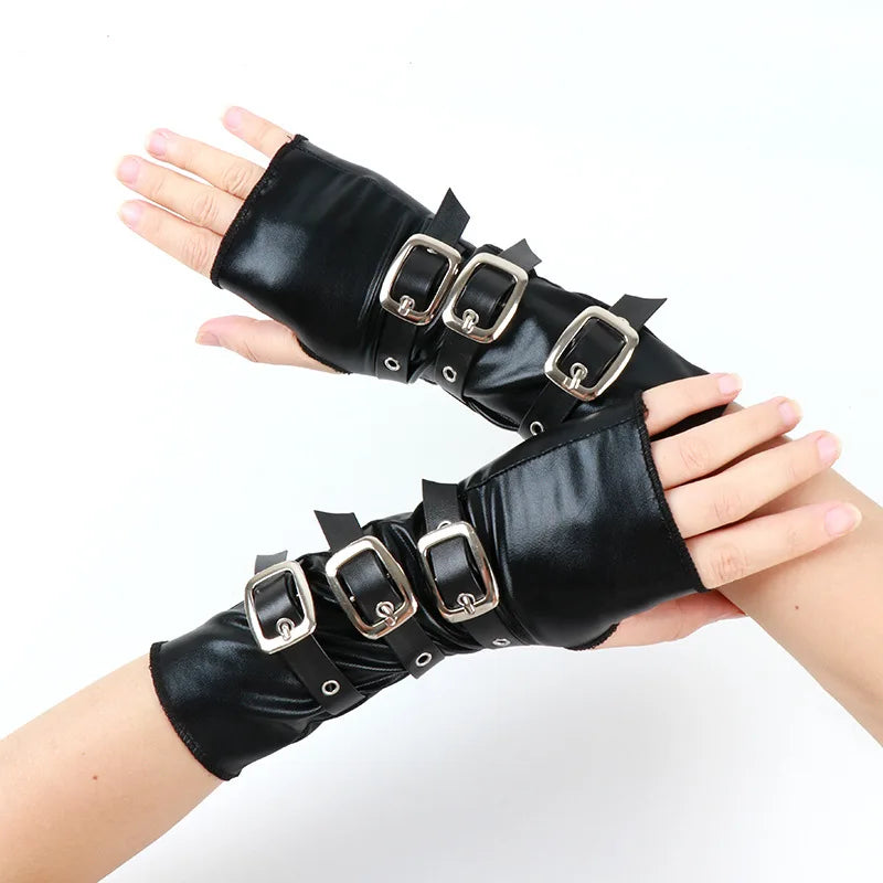 New Half Fingered Gloves for Women Gothic Black Fingerless Short Hand  Lacquer Leather Metal Buckle Wristband Dark Punk Sleeves