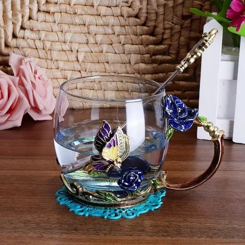 European Retro Handmade Enamel Tea Cup Crystal Cup Milk Lemon Flower Tea Cup High-end Wine Cup Set Gift Cup