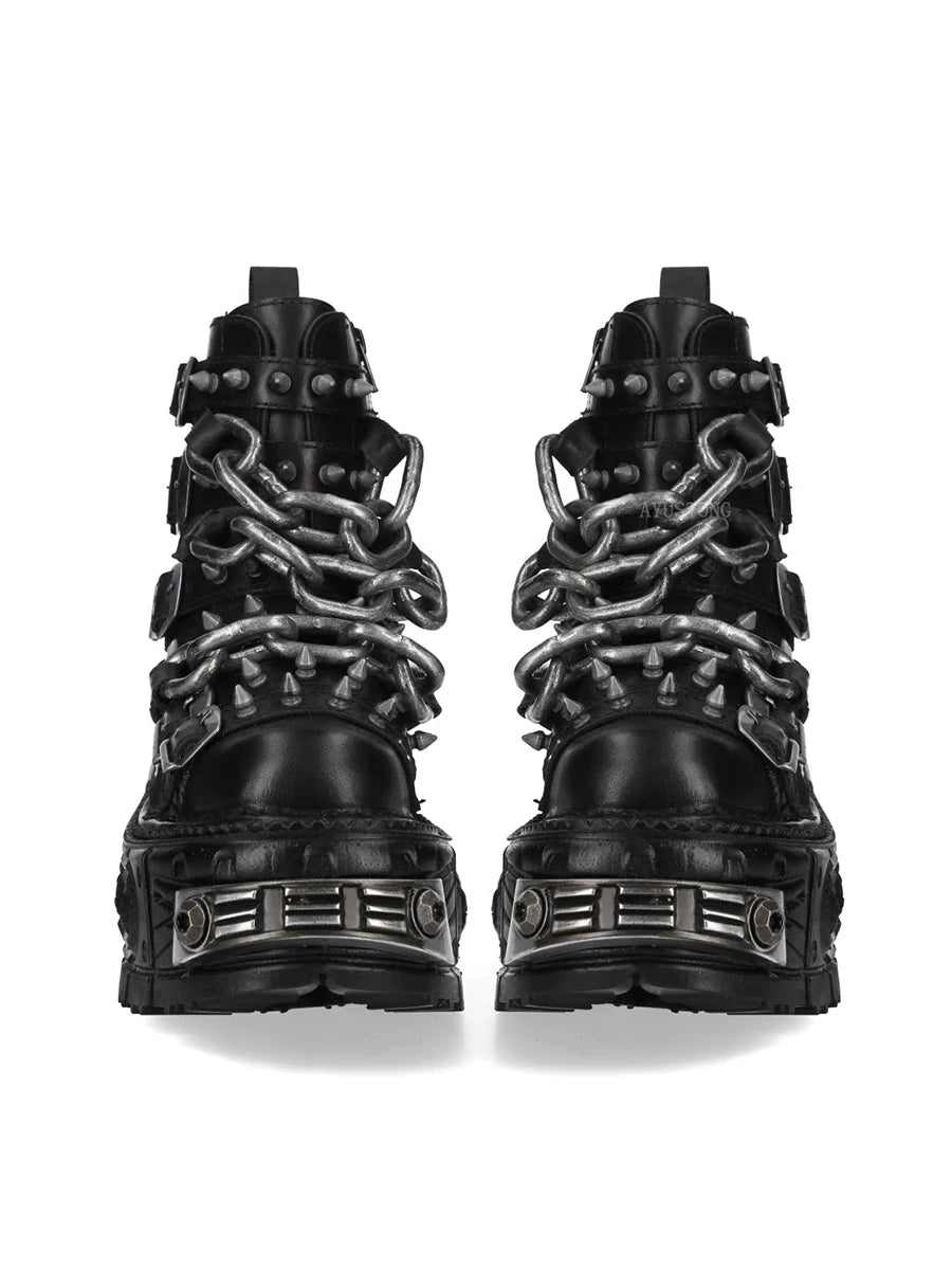 Gothic Platform Ankle Boots Spanish Rock Punk Chunky Heel Motorcycle Boots with Chains Streetwear Combat Boots for Men