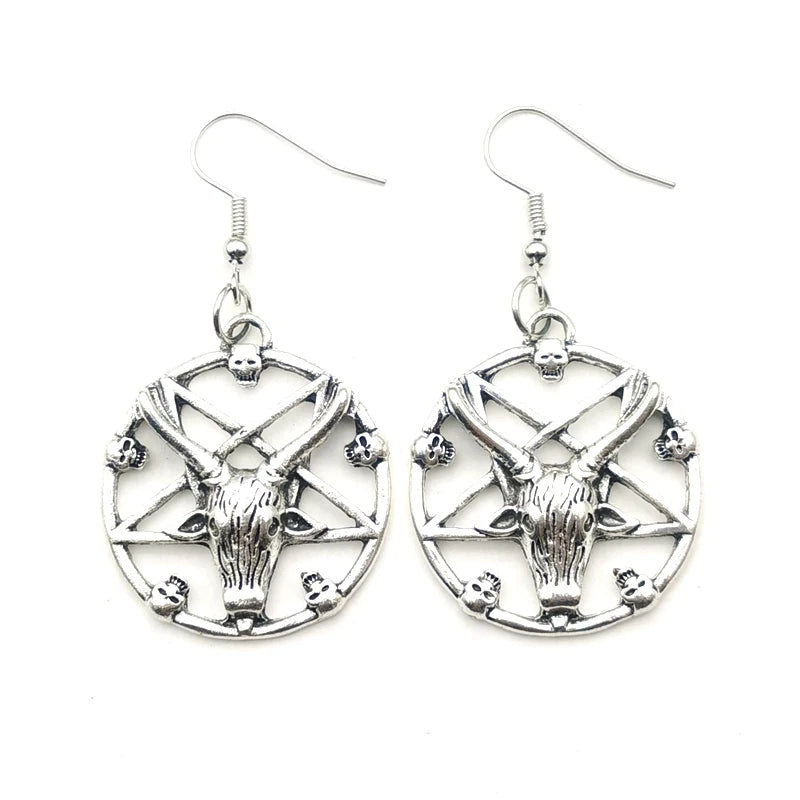 Vintage Goth Gothic punk ancient silver colour pentagram antelope skull coffin cross earrings Aesthetic Grunge y2k Jewelry