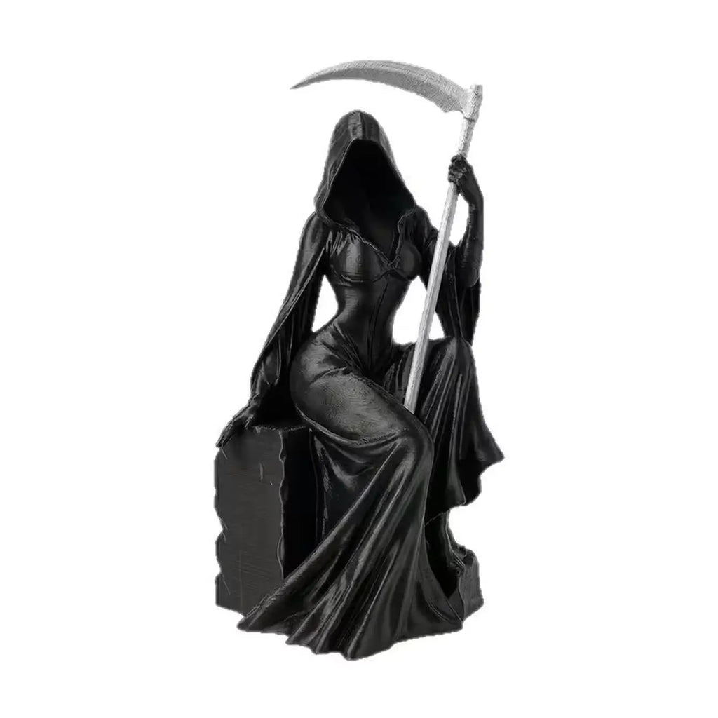 1 piece of dark seated female Grim Reaper ornament, sickle and pocket robe shaped artistic statue, niche style accessory