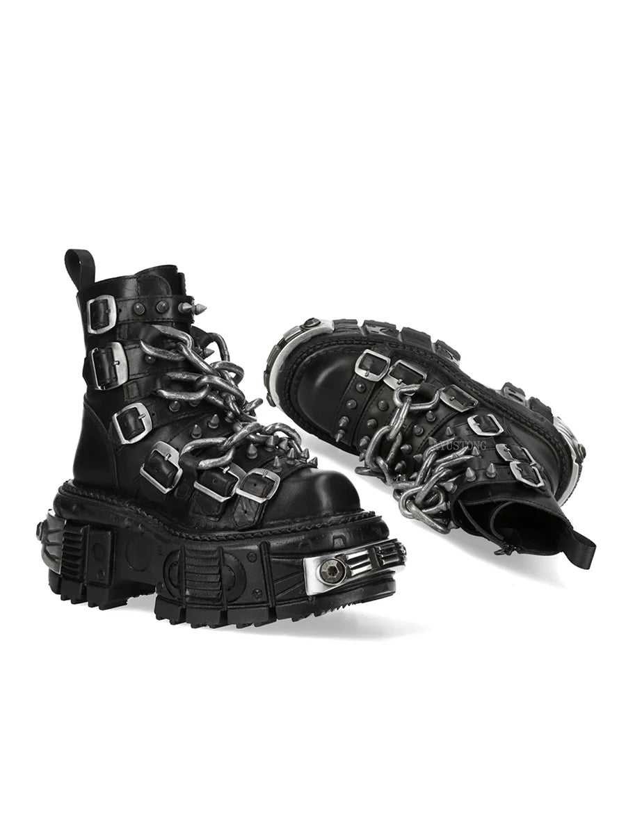 Gothic Platform Ankle Boots Spanish Rock Punk Chunky Heel Motorcycle Boots with Chains Streetwear Combat Boots for Men