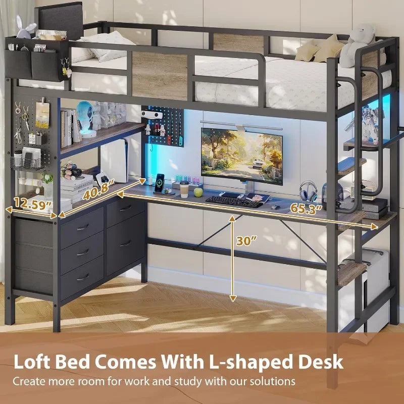 Dnxao Twin Loft Bed with Desk and 5 Storage Drawers,Loft Bed Twin Size with LED Lights and Charging Station Metal Bunk Bed Frame