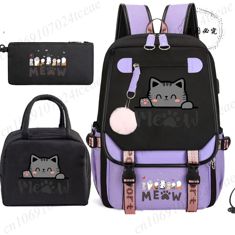 Teenager School Backpack for Students Daily Bagpack Backpacks for Girl Black Cat Cartoon School Bag with Pen Lunch Bags 3pcs/set