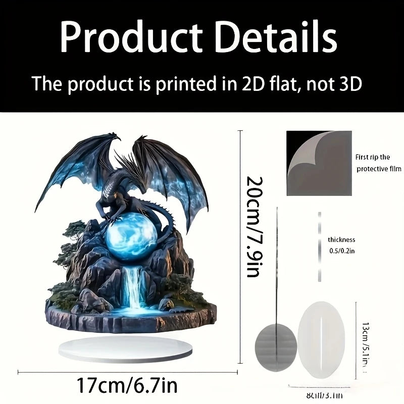 2D 8in Retro Bohemian Black Dragon Crystal Ball Flat Acrylic Landscape Design Mysterious Figurine Cool Tabletop Decora Gifts