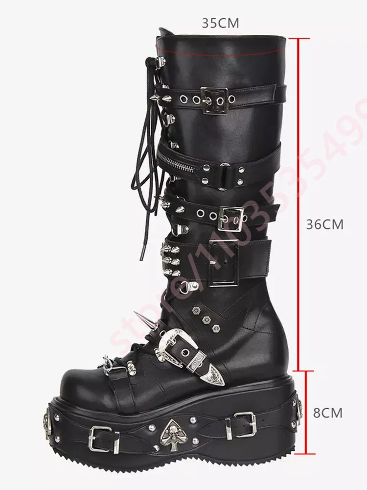 Black Mid Calf Platform Boots Women Multi Metal Buckle Spike Rivet Gothic Punk Lace Up Zipper Wedge High Heel Streetwear Booties