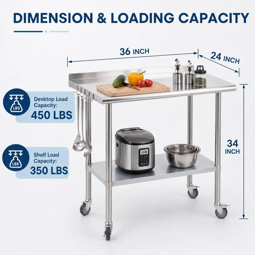 Heavy-Duty Stainless Steel Commercial Prep Table with Wheels – 30/36" Mobile Work Station with Adjustable Undershelf for Kitchen, Restaurant, Garage & Outdoor Use