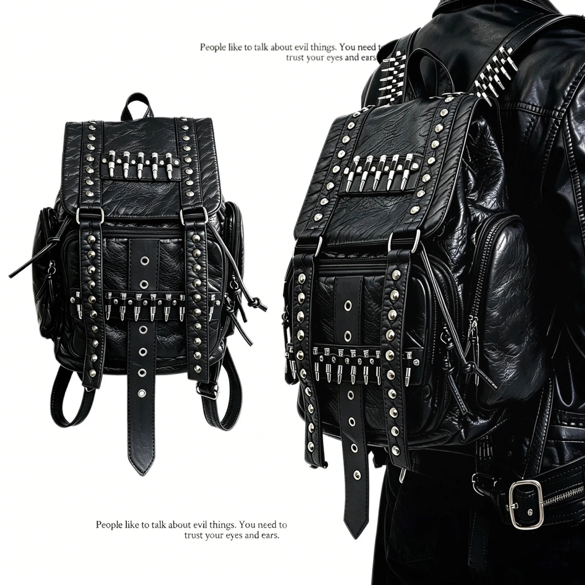 Original Design Rivet Bullet Decorative Backpack Punk Backpack Fashion Black Leather Backpacks