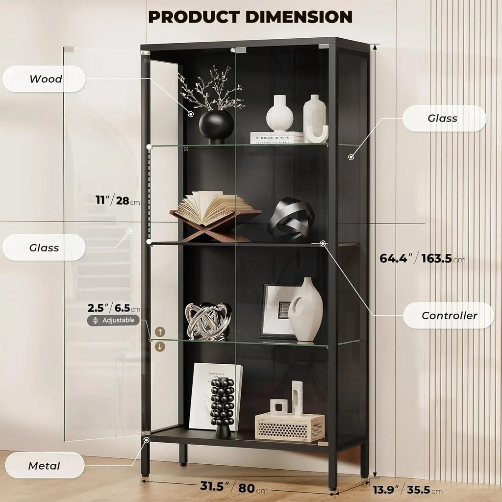 Black 4 Tier Glass Door Display Cabinet Curio Case With Motion Sensor Three Color Lights Adjustable Glass Shelves Storage Bookca