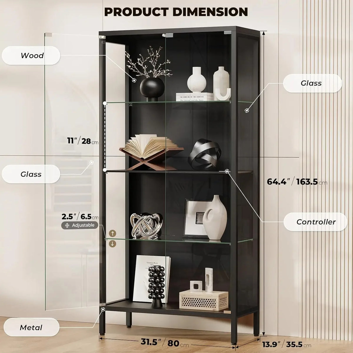 Black 4 Tier Glass Door Display Cabinet Curio Case With Motion Sensor Three Color Lights Adjustable Glass Shelves Storage Bookca
