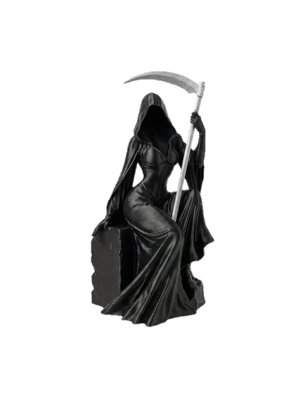 1 piece of dark seated female Grim Reaper ornament, sickle and pocket robe shaped artistic statue, niche style accessory