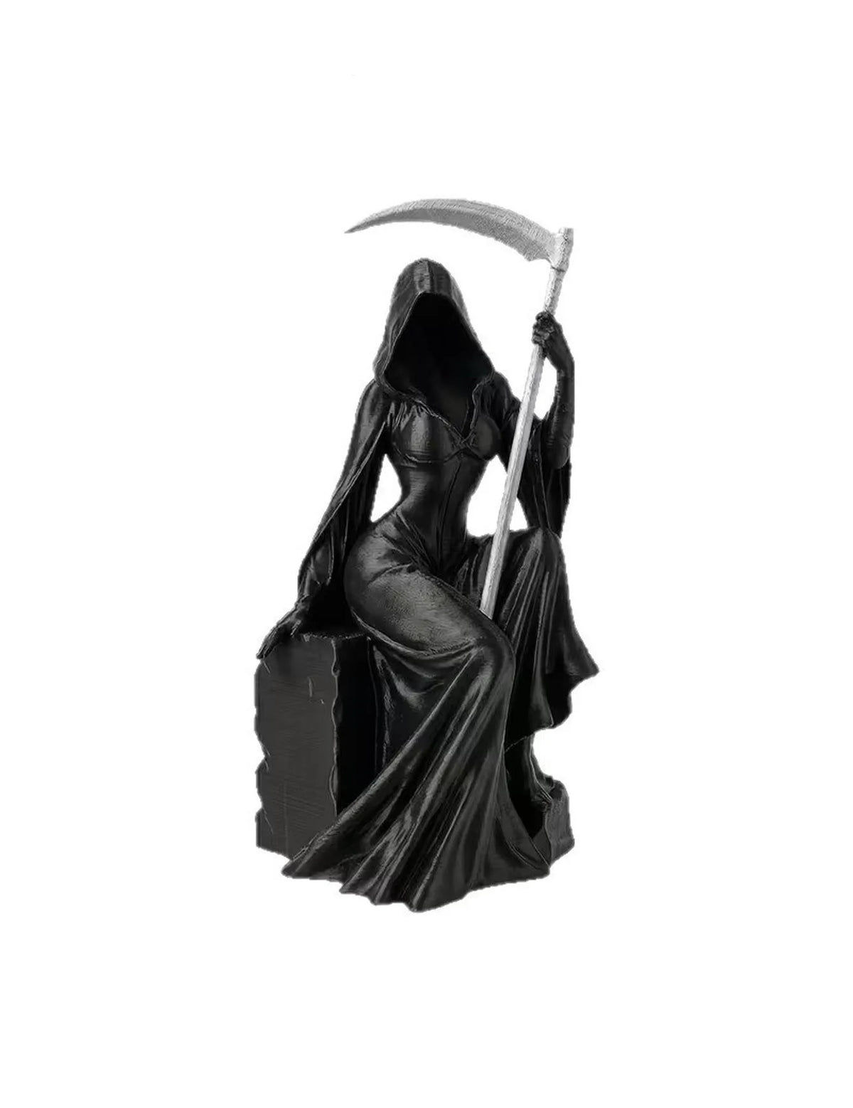 1 piece of dark seated female Grim Reaper ornament, sickle and pocket robe shaped artistic statue, niche style accessory
