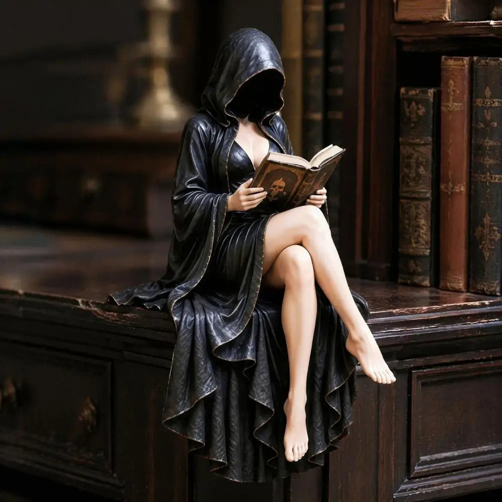 Skeleton Reader Statue Dark Fantasy Reading Corner Decor Reader Statue Resin Figurine Hooded Skeleton Reaper Sitting Book Decor