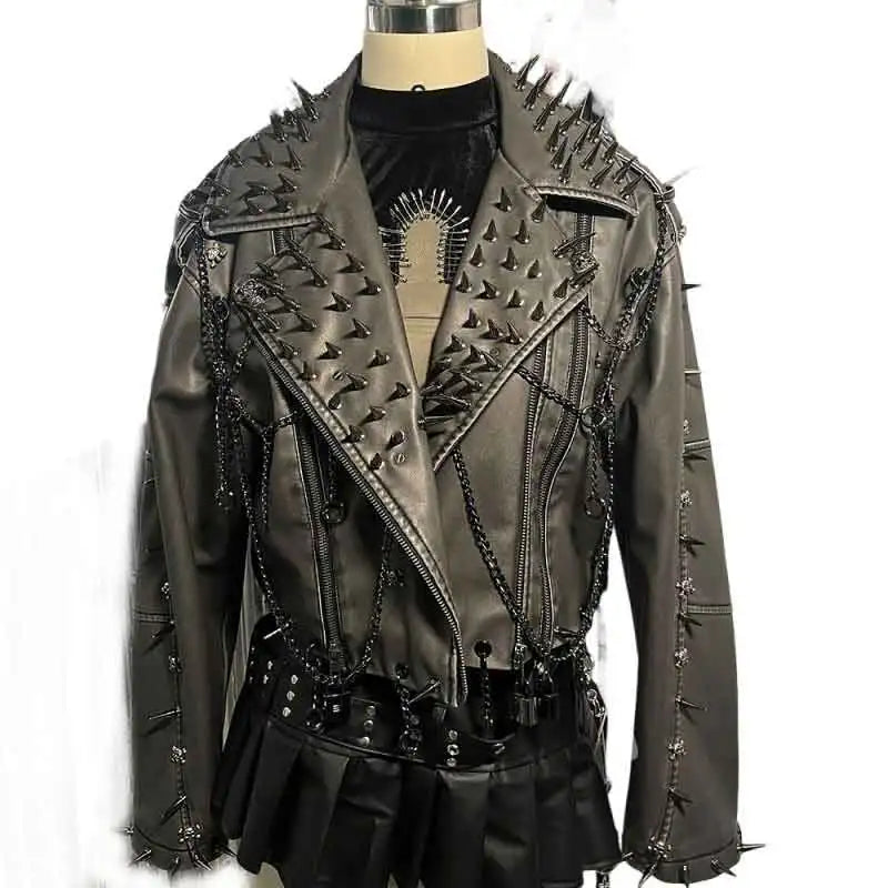 Women's Y2K Goth Black PU Leather Jacket with Spikes  Studded Gothic Emo Spiked Clothing Punk Rock Grunge Rave Festival Coat