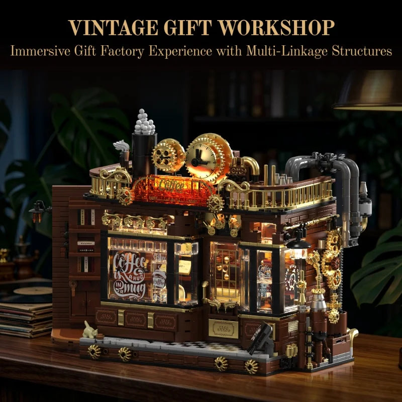 Steampunk Café Building Block Set, Double-Decker Openable Street Scene House Model, High-Difficulty Adult Assembly Toy and Desk