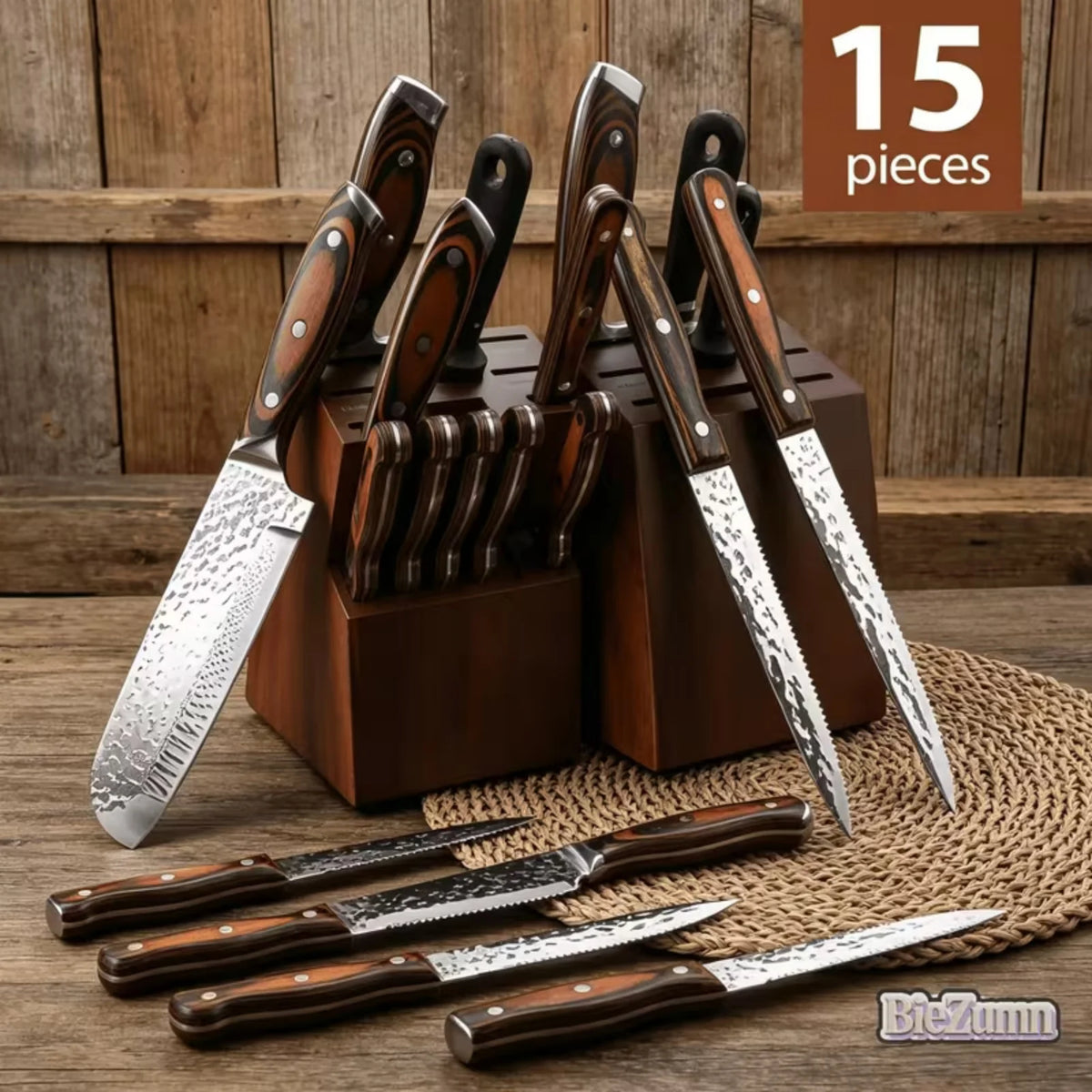 Professional 15PCS Forged Hammer Finish Kitchen Knife Set Pakka Wooden Handle Kitchen Cutlery Set with Knife Block Scissors Sharpener Complete Household Cooking Knives
