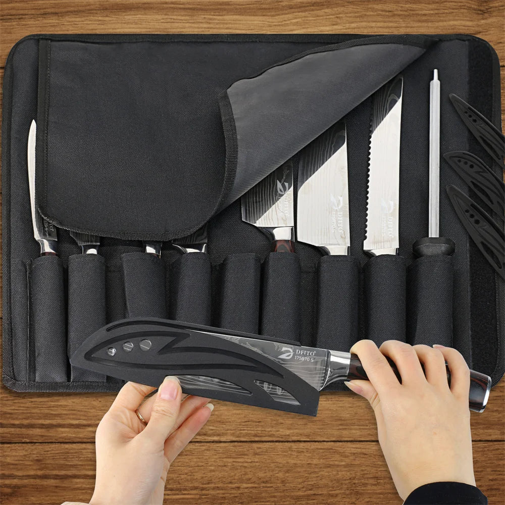 MDHAND 8PCS Damascus Stainless Steel Kitchen Knife Set Super Sharp Japanese Style Chef Santoku Cleaver Slicing Boning Utility Paring Knives Complete Cooking Cutlery Kit with Portable Protective Nylon Carry Bag for Home Kitchen Chef Use