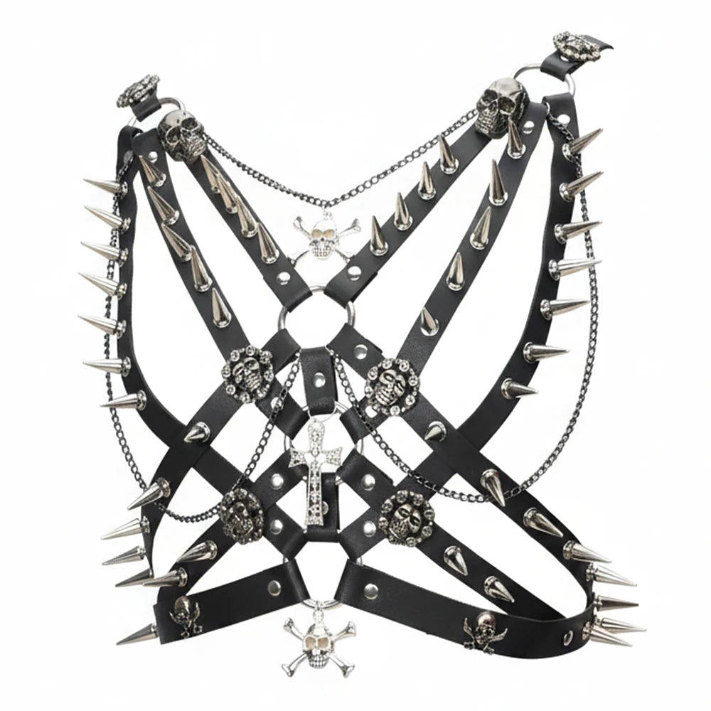 Women's Black Skull Grunge Goth Halter Top Punk Rock Spikes Cross Chain Studded Y2K Emo Harajuk Shirt for Gothic ALT Clothing