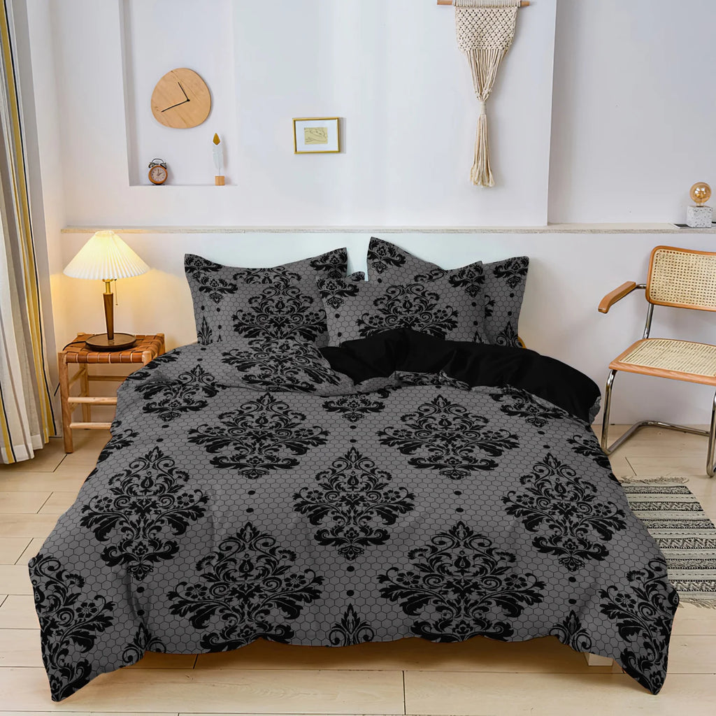 3pcs Gray Background Black Damascus Pattern Duvet Cover (Includes 1 Duvet Cover & 2 Pillowcases) Black Flower Honeycomb Pattern