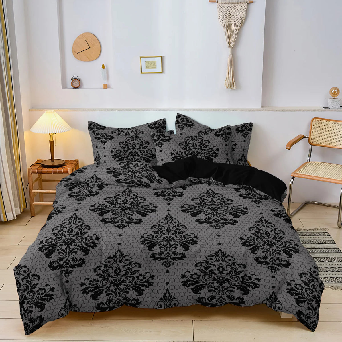 3pcs Gray Background Black Damascus Pattern Duvet Cover (Includes 1 Duvet Cover & 2 Pillowcases) Black Flower Honeycomb Pattern