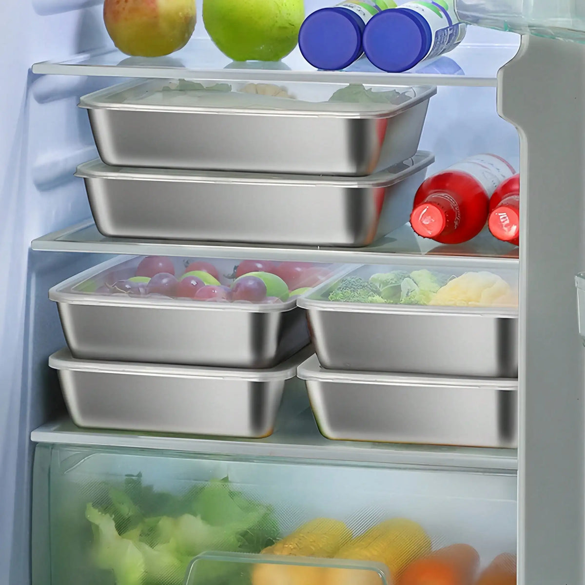 5-Piece Stainless Steel Food Storage Container Set With Clear Lids | Large Square Containers For Storing Meat, Fruits, And Vegetables - Ideal For Camping, Outdoor, And Home Use; Stackable Kitchen Storage Boxes.