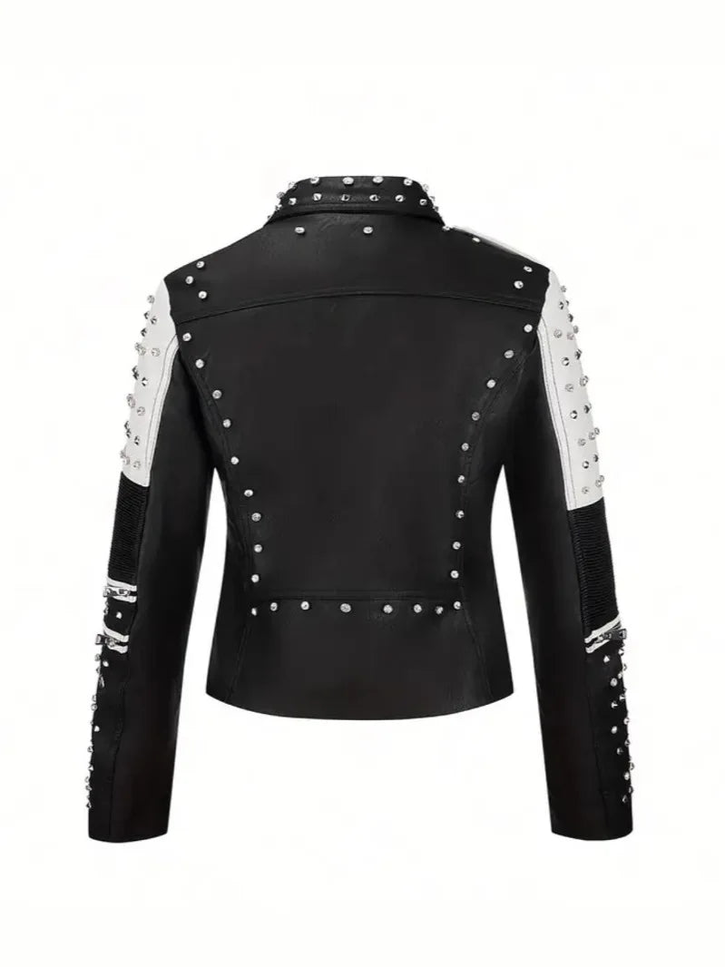Luxury  Studded Leather Jacket, Motorcycle Slim Fit Punk Rock Women's Diamond Zipper Multi-Pocket Jacket zipper Coat Outwea