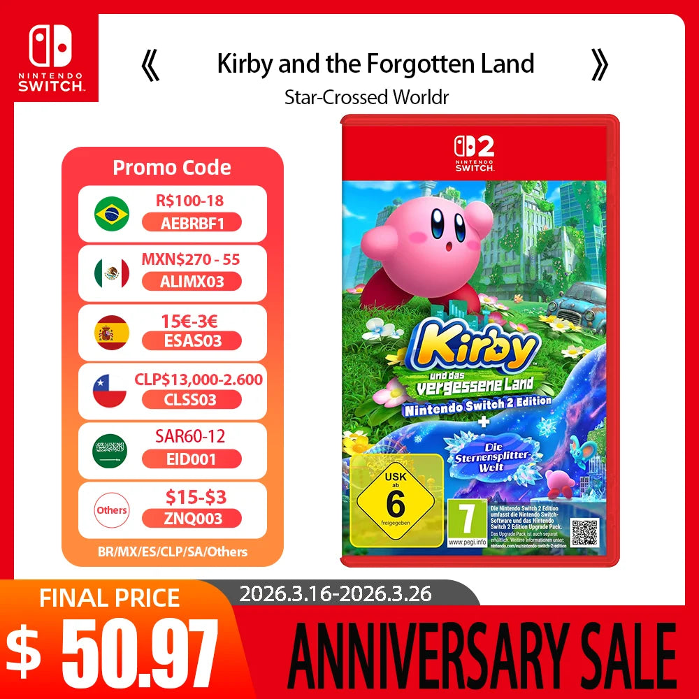 Nintendo Switch 2 Game  -Kirby and the Forgotten Land  + Star-Crossed Worldr - NS2 Switch Game Card