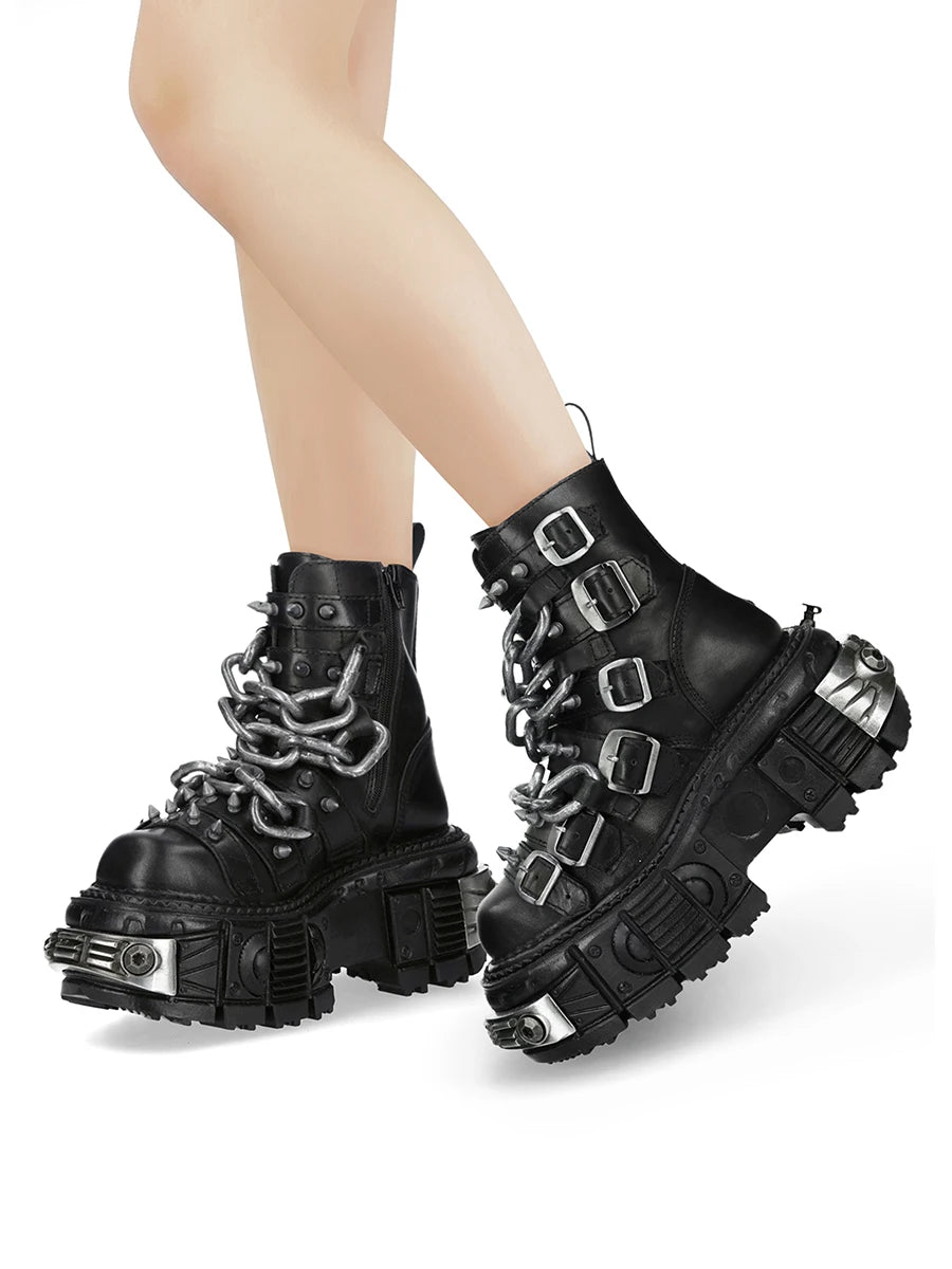 Gothic Platform Ankle Boots Spanish Rock Punk Chunky Heel Motorcycle Boots with Chains Streetwear Combat Boots for Men