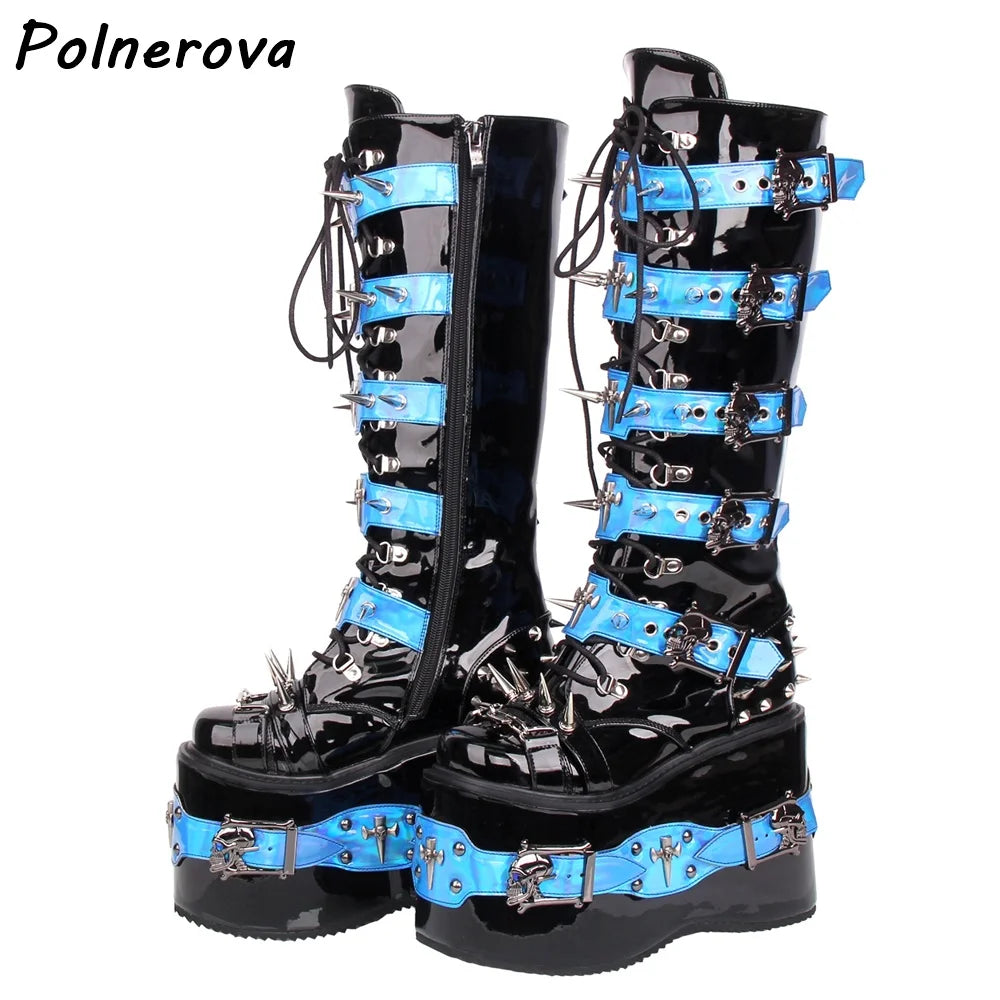 Black Blue Rivet Buckle Boots Round Toe Platform Wedges Cross Tied Patent Leather Shoes Women's Winter Warm Dark Punk Boots
