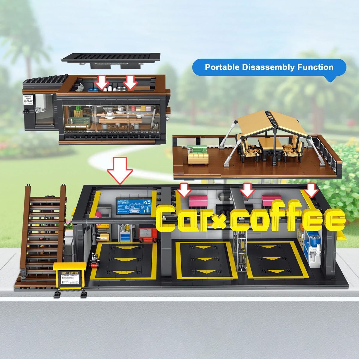 Coffee Auto Repair Shop Coffee Car Club Building Blocks 2496pcs Street View Cafe Store Modular Bricks Toys for Kids Adults Gifts