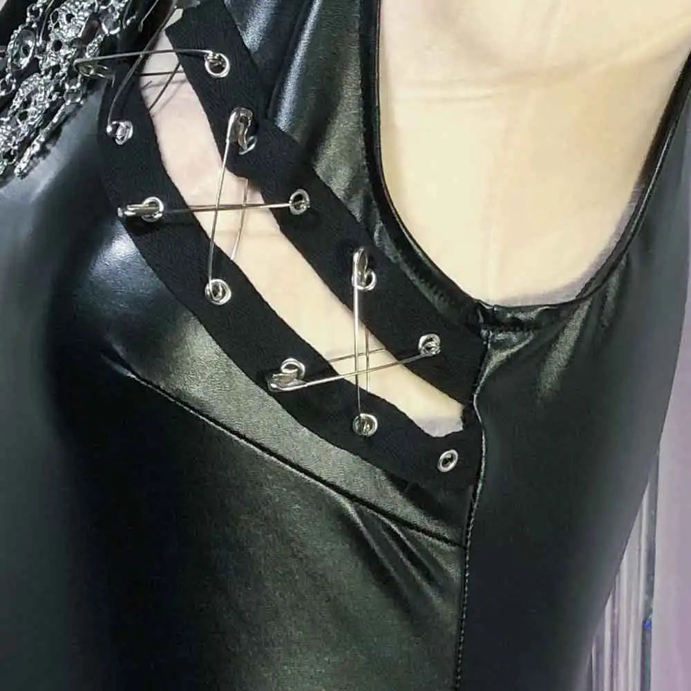 Grunge Skull Kawaii Eco Club Wear Harajuku Y2K TOPS Punk Rock Hand Made E-Girls Gothic PU Leather Dress 90s Emo Goth DIY Teen
