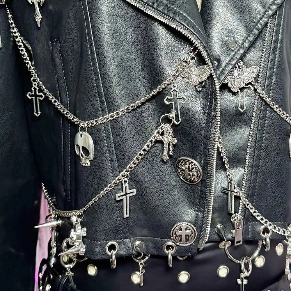 90s Gothic Y2K Vegan Leather Skull Studded Jacket Coat E-Girls DIY Punk Rock Chain Goth Hand Made Grunge Trendy Harajuku Eco Emo