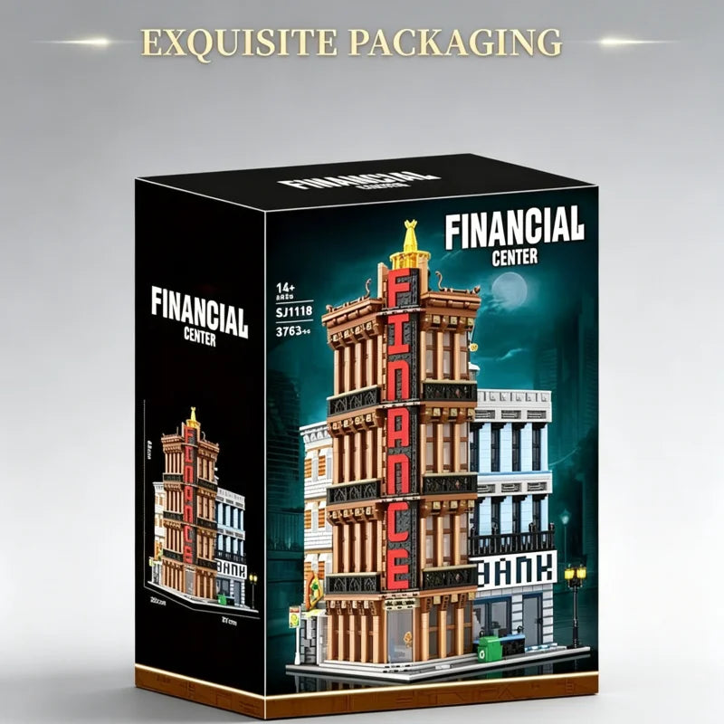 Adult modular building block set with 3,763 pieces, featuring a corner financial center street scene model, including bank and s